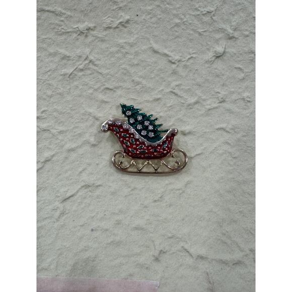 Vintagen Holiday Sleigh & Tree Christmas Pin Brooch ~ Excellent Condition CP23 - Picture 2 of 4